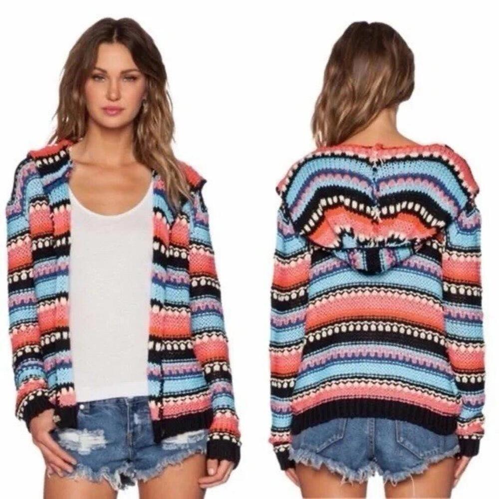 Women’s UNIF DWELLER‎ HOODIE Size Small S Striped Boho Beach Sweater Full Zip